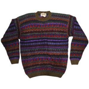 Vtg 80s Obermeyer Sweater Sorbonne Wool Geometric Fair Isle Striped Crewneck L